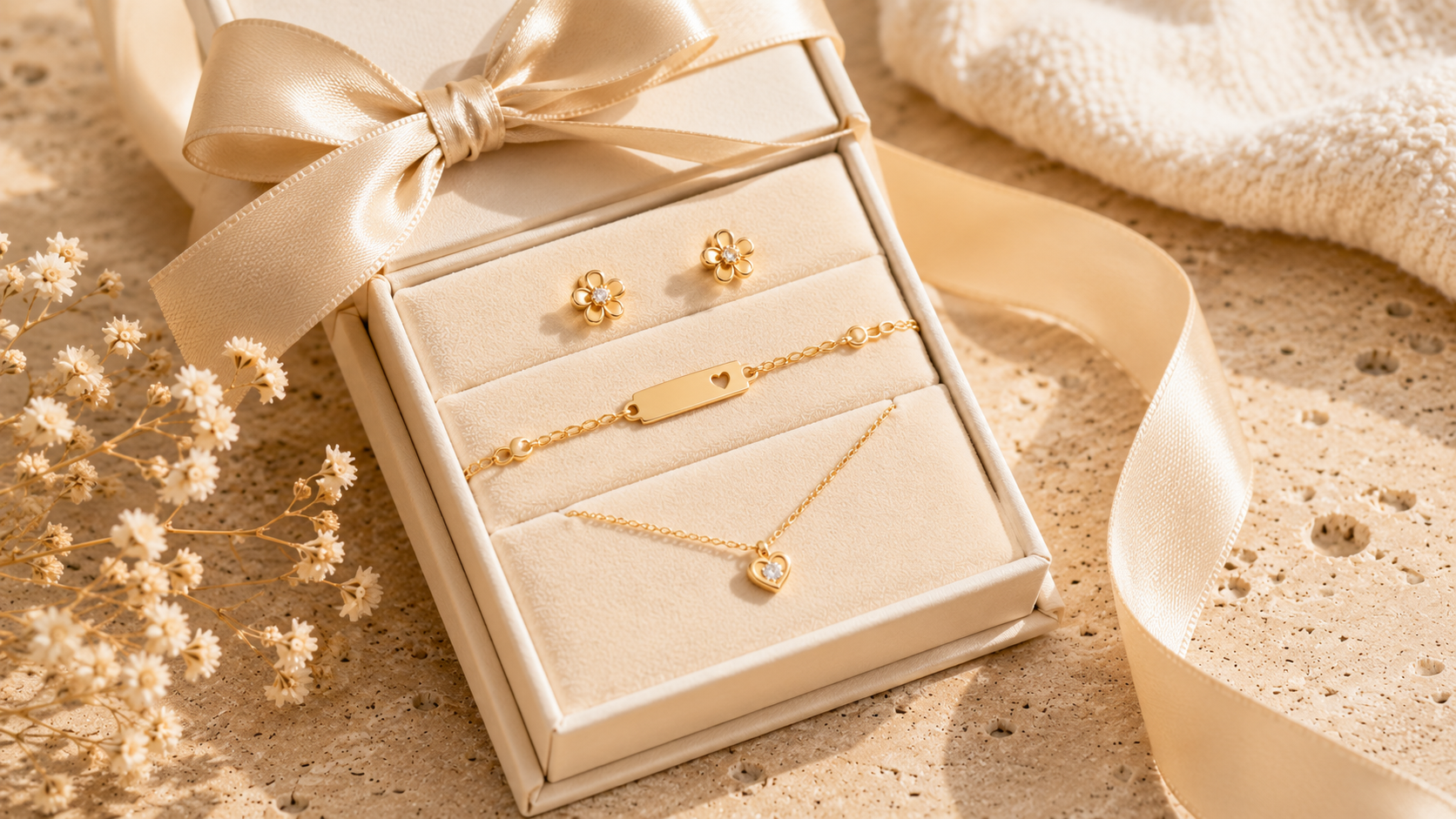 Luxury baby jewelry gift box with handcrafted gold baby jewelry beautifully presented