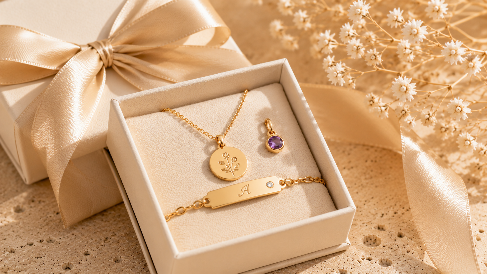 Handcrafted personalized gold jewelry beautifully wrapped as a meaningful luxury gift