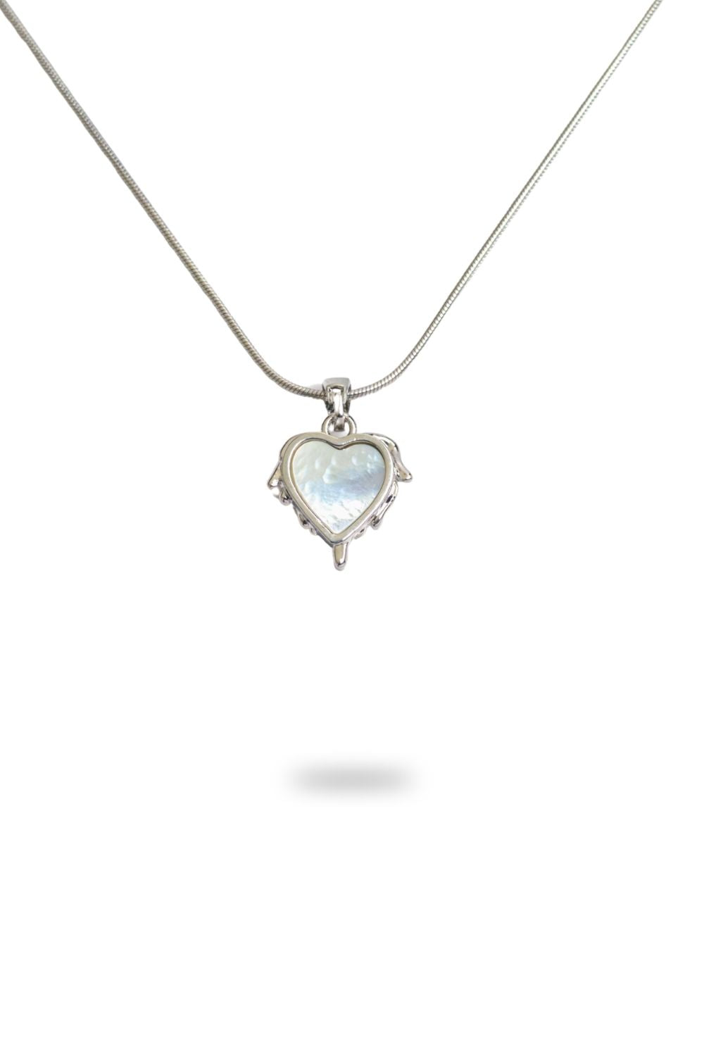 Zircon detail on Flowing Mother of Pearl Heart Necklace