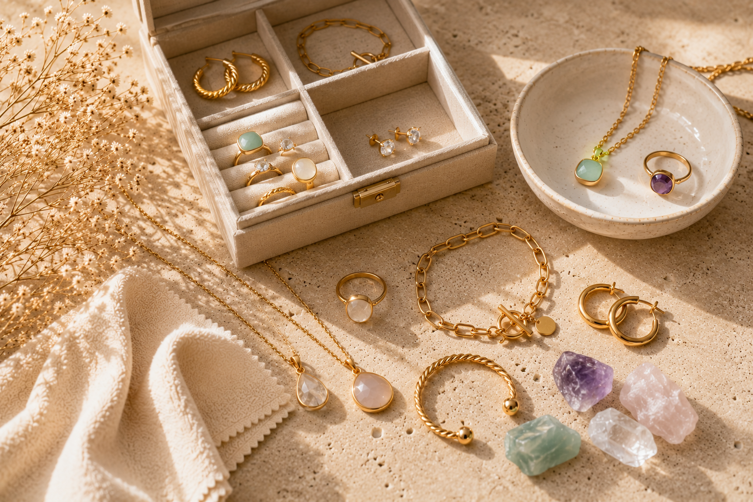 Complete jewelry care guide featuring handcrafted Piayuli jewelry and cleaning essentials