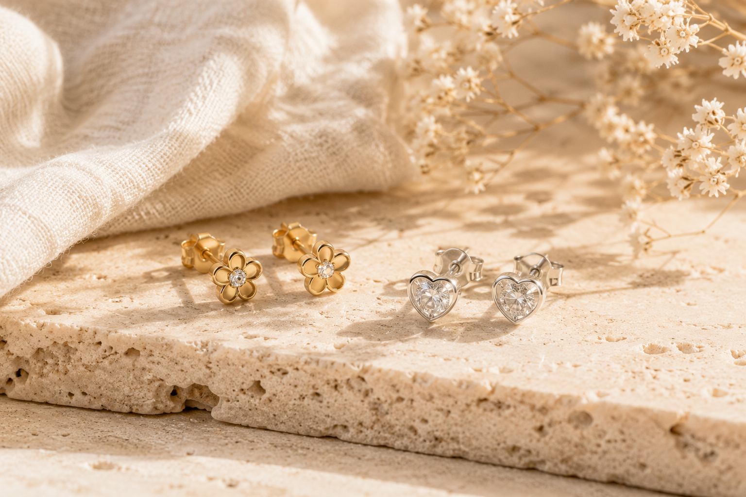 Gold and sterling silver baby stud earrings displayed side by side on a soft ivory surface