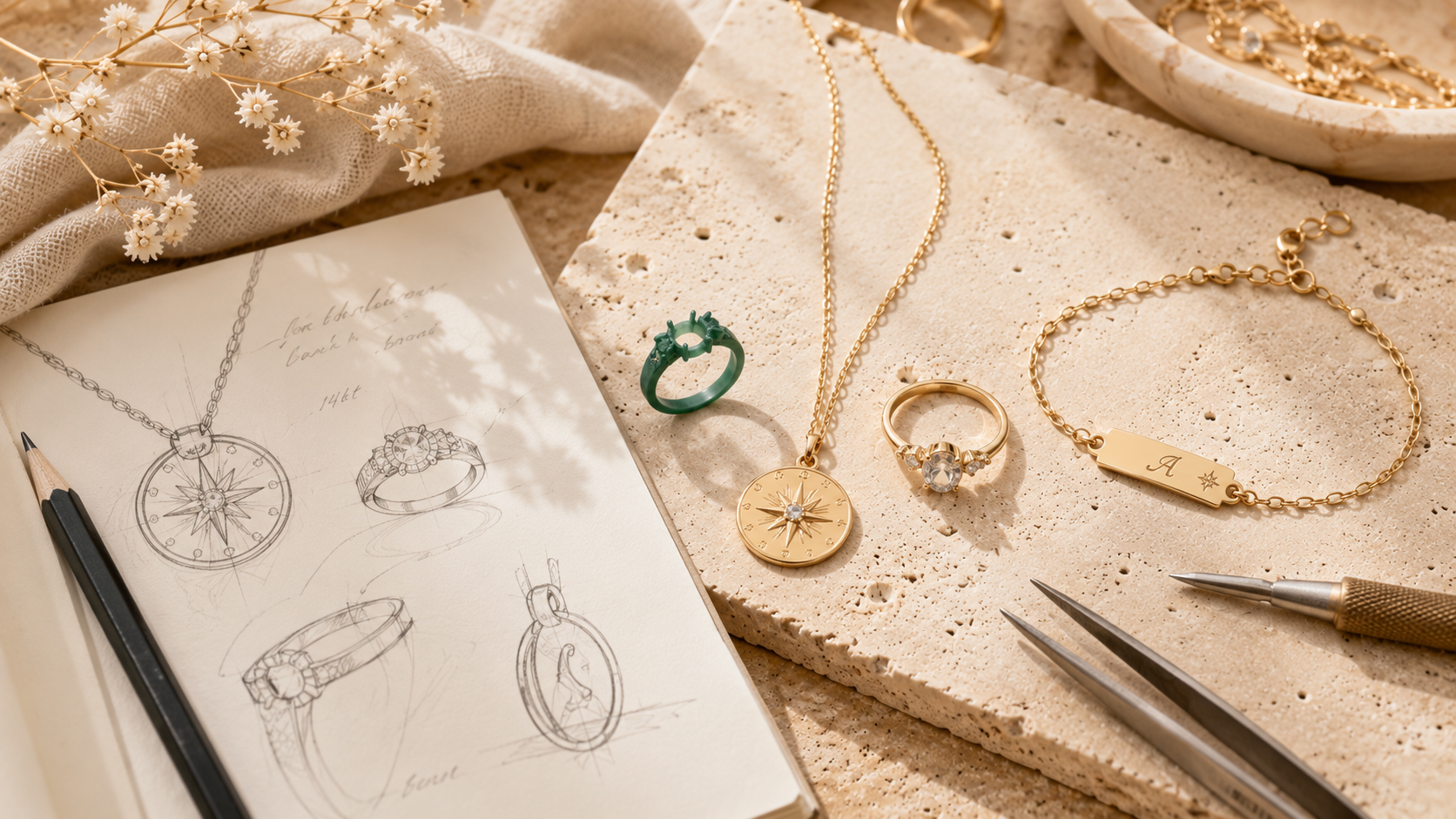 Handcrafted bespoke jewelry sketch beside finished luxury jewelry on an artisan workbench