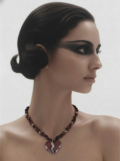 Natural garnet stone chain detail on Completed Hearts Garnet Necklace
