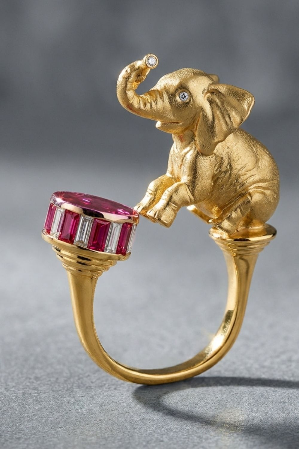Baguette-cut ruby detail on the Dumbo Ring
