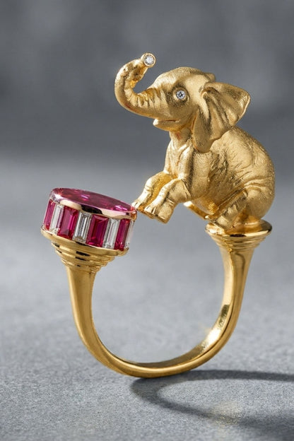 Baguette-cut ruby detail on the Dumbo Ring

