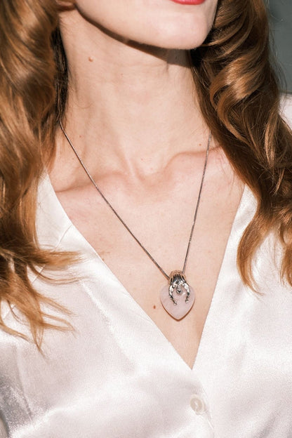 Woman wearing Rose Quartz Lover Necklace by Piayuli