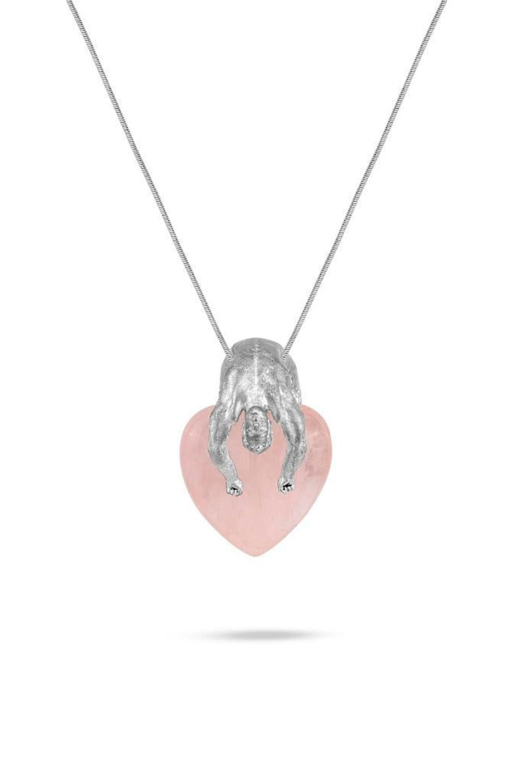 Natural heart shaped rose quartz detail on the Rose Quartz Lover Necklace
