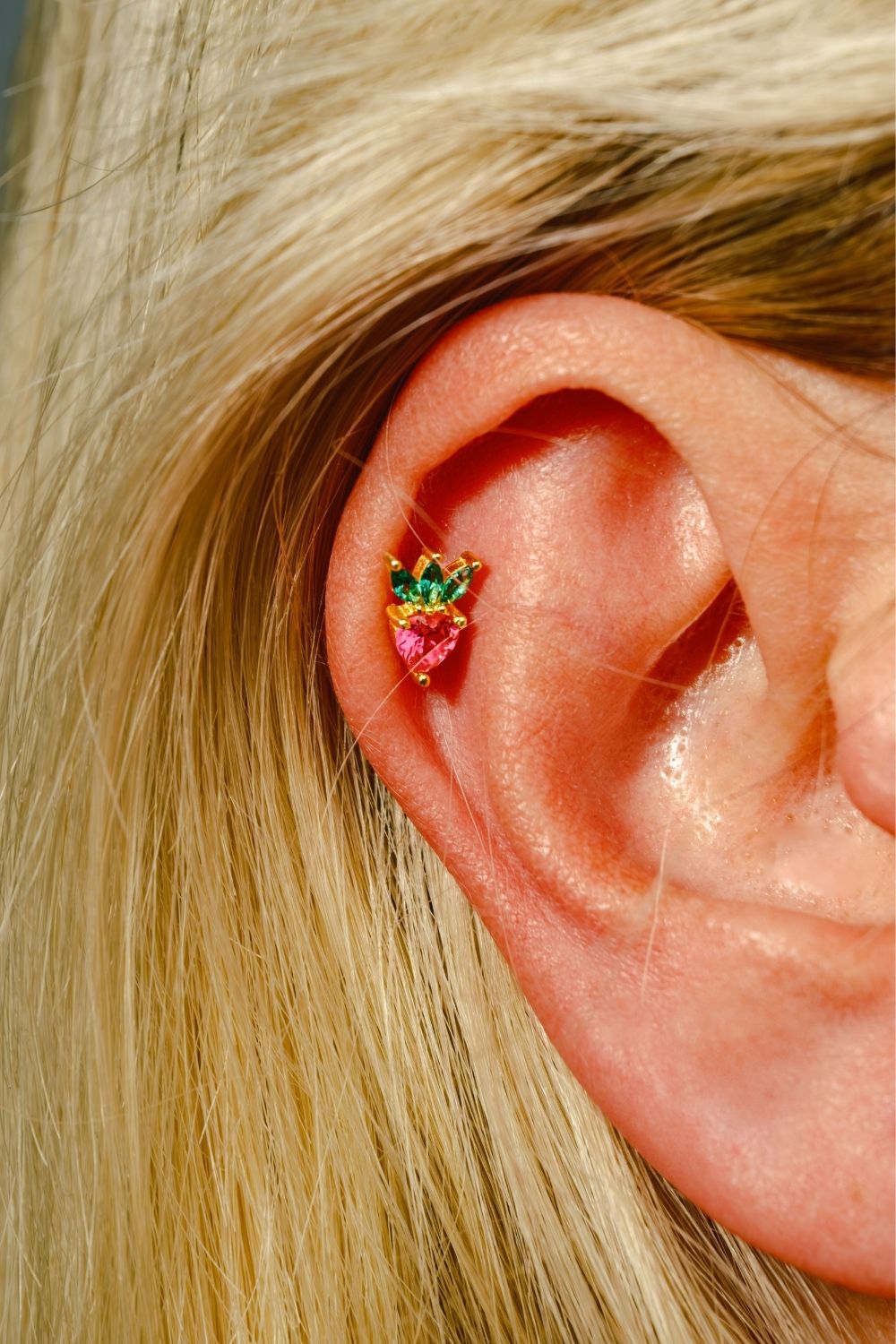 Side view of Strawberry Baby Earrings by Piayuli